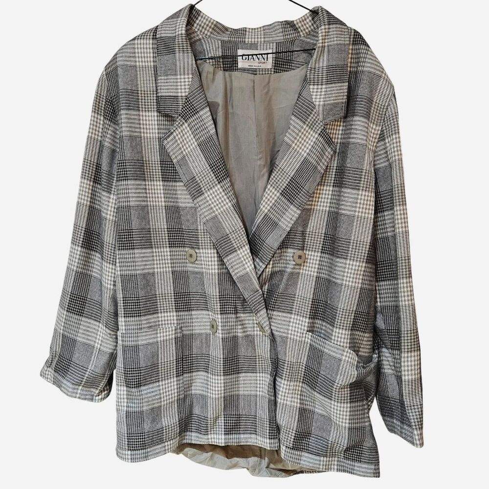 vintage indie sleaze gray white plaid double breasted blazer
